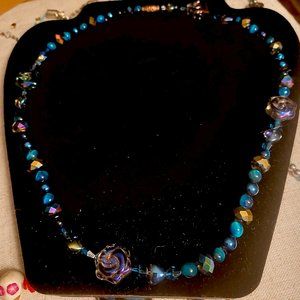 Enchanted Bloom - Beaded Necklace with Blue Rose Glass Beads